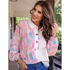 NEW Jess Lea Two Tone Waffle Knit Henley Top Ivory Pink Blue Long Sleeve Casual